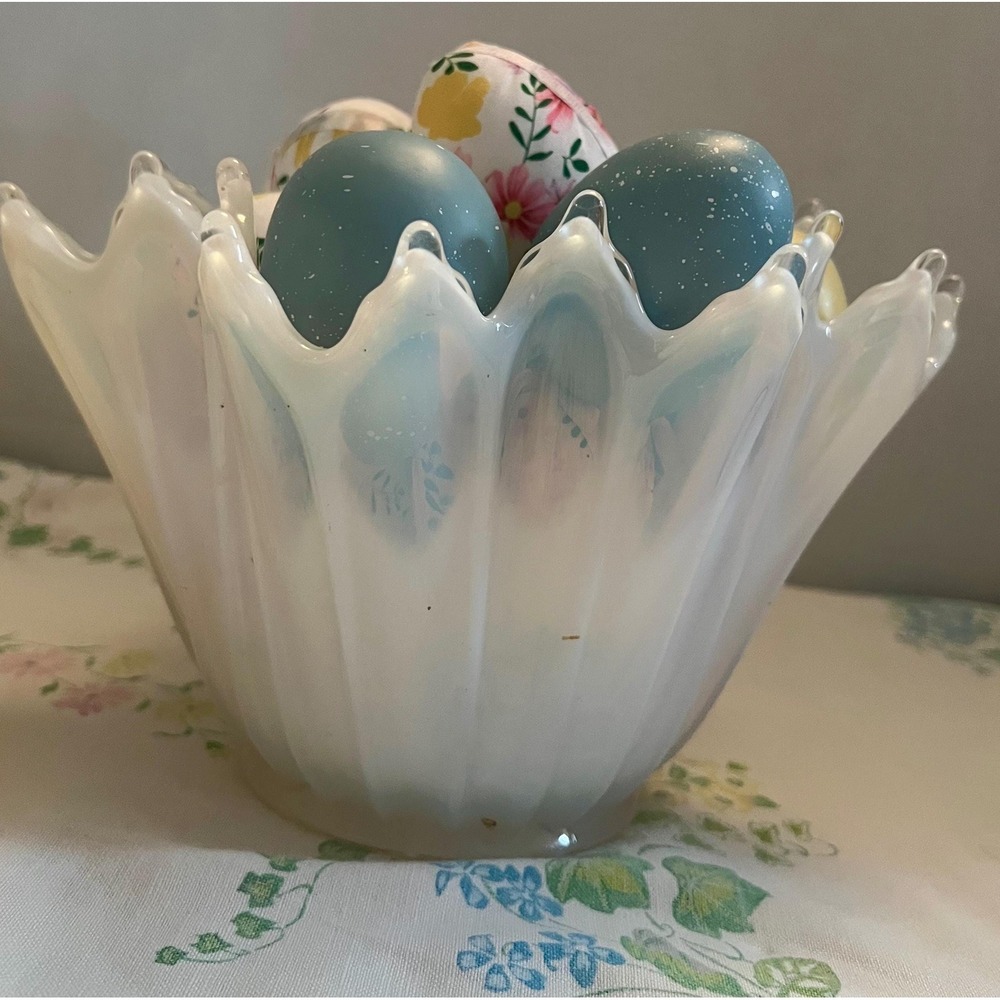 vintage glass Fostoria Heirloom handkerchief bowl blue and white